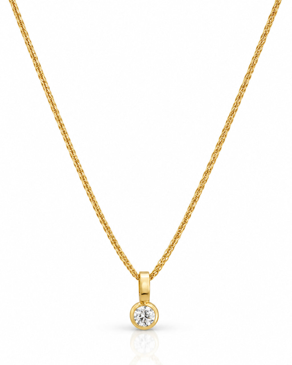 Round CZ Bezel Solitaire Wheat Chain Necklace