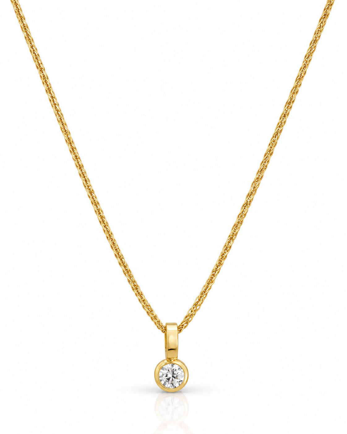 Round CZ Bezel Solitaire Wheat Chain Necklace