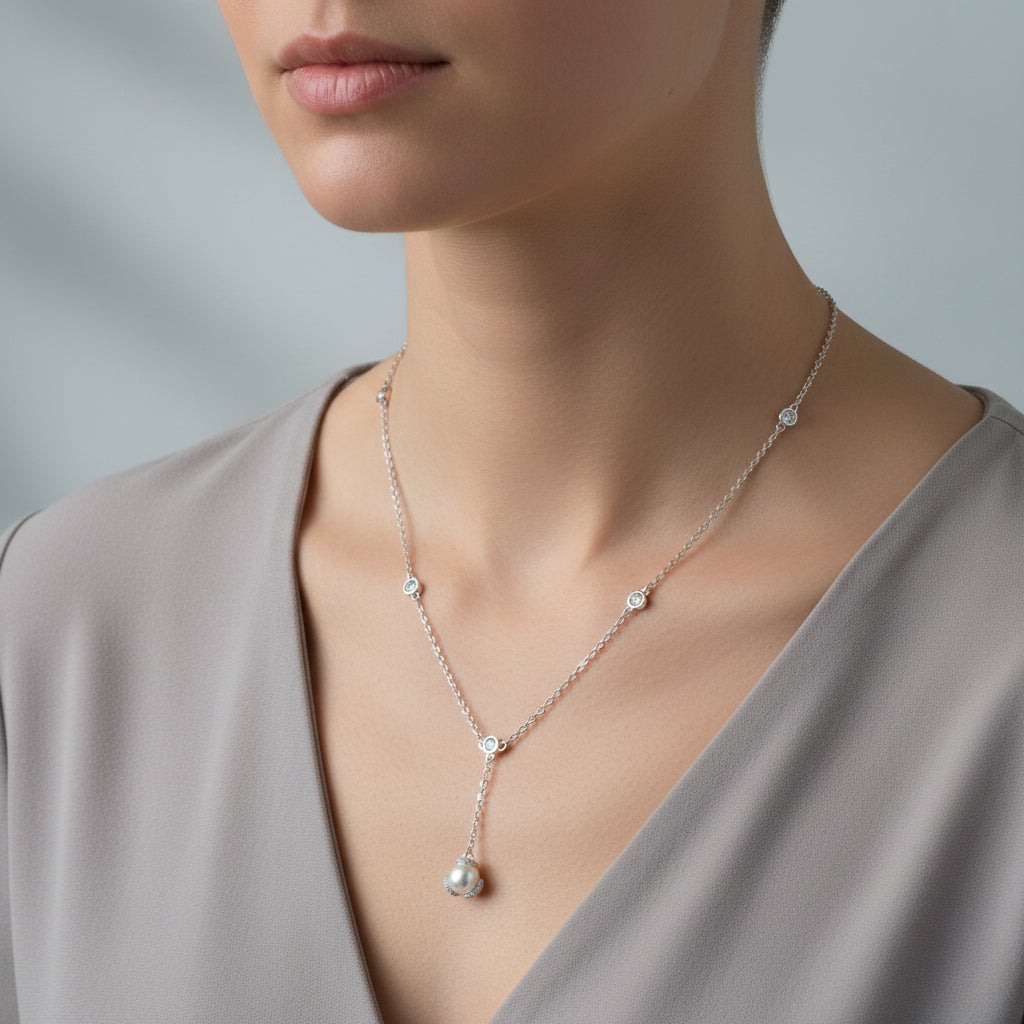 A woman wearing a delicate silver-toned lariat necklace featuring station-set crystals and a central pearl pendant framed by a shimmering halo.