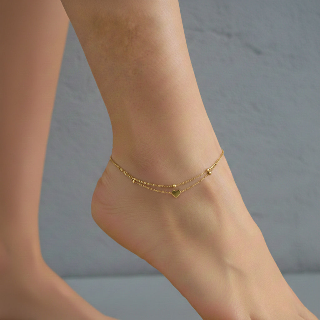 Heart layered anklet, anti-tarnish gold anklet, waterproof 18K gold jewelry, double chain anklet, tarnish-resistant heart jewelry.
