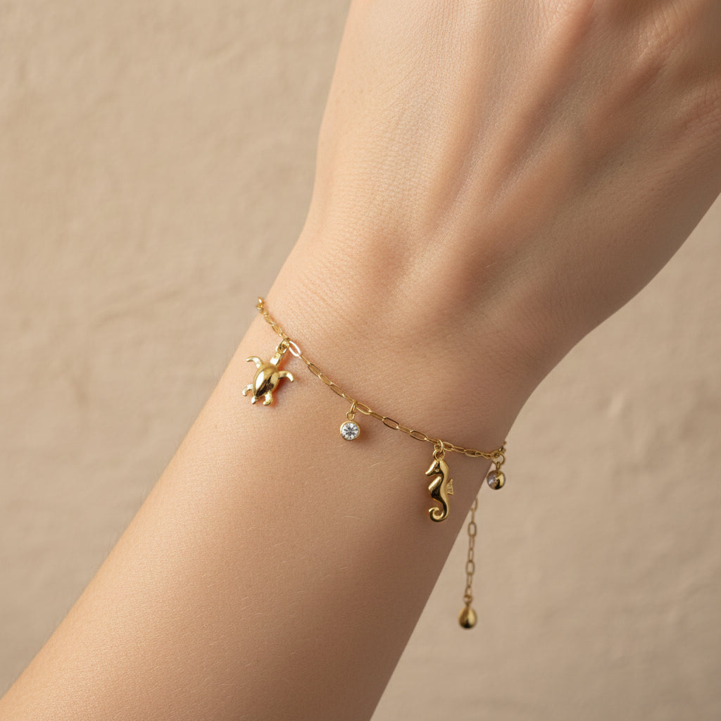 Sea life charm bracelet, 18K gold plated turtle jewelry, waterproof seahorse bracelet, anti-tarnish ocean jewelry, Treshire Ocean Collection.