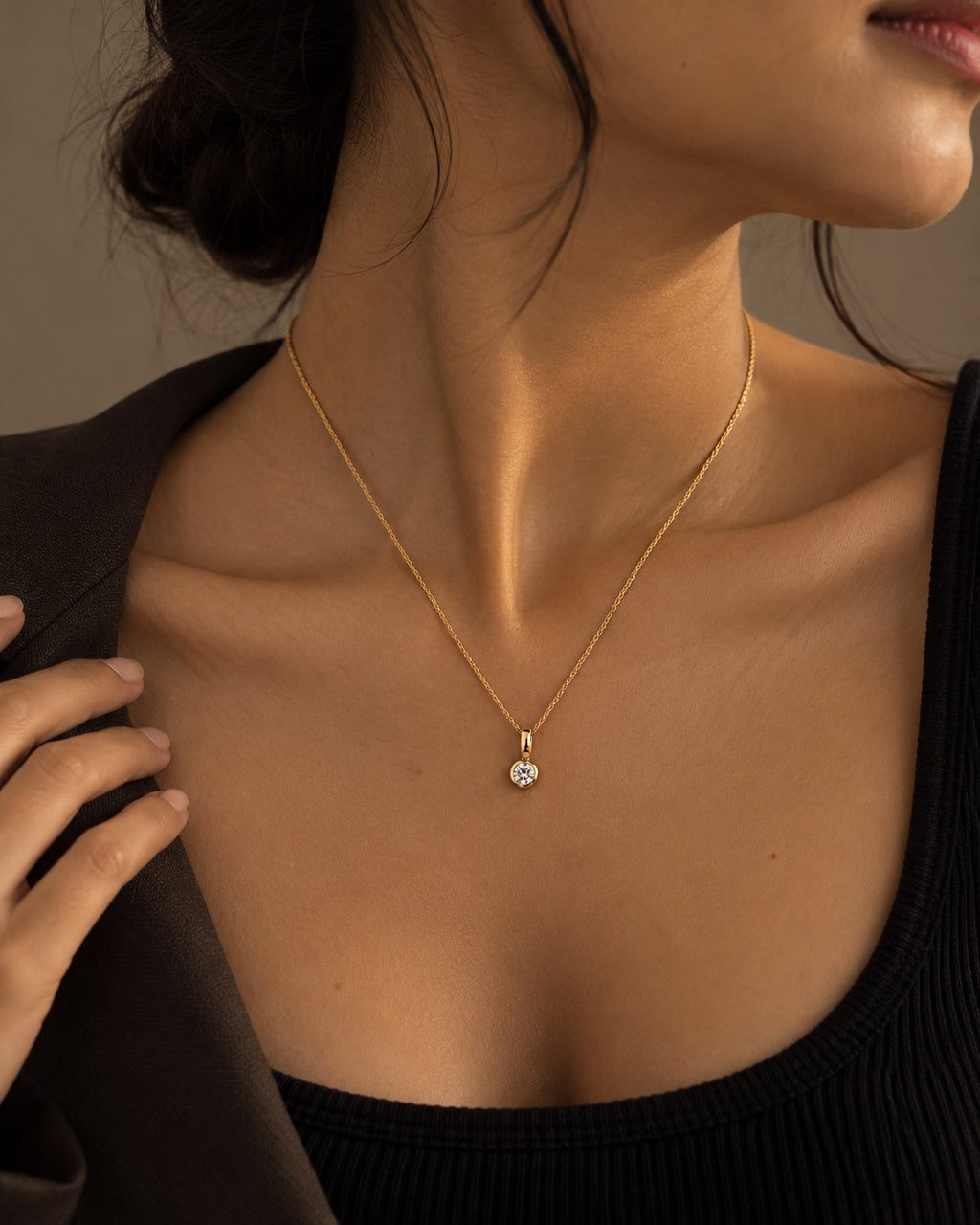 Round CZ Bezel Solitaire Wheat Chain Necklace