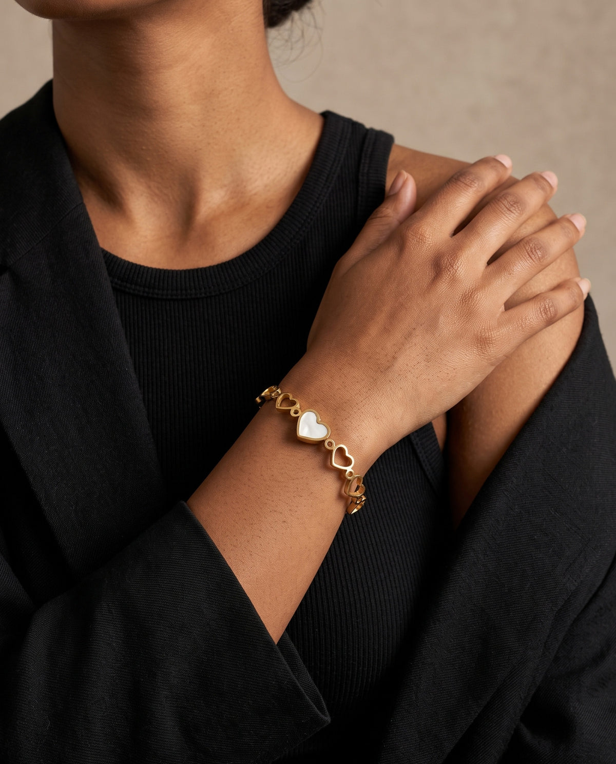 Pearl Heart Row Spring Cuff Bracelet