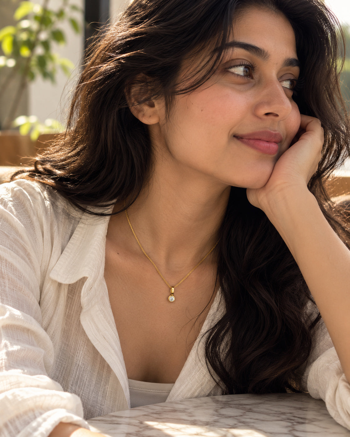 Round CZ Bezel Solitaire Wheat Chain Necklace