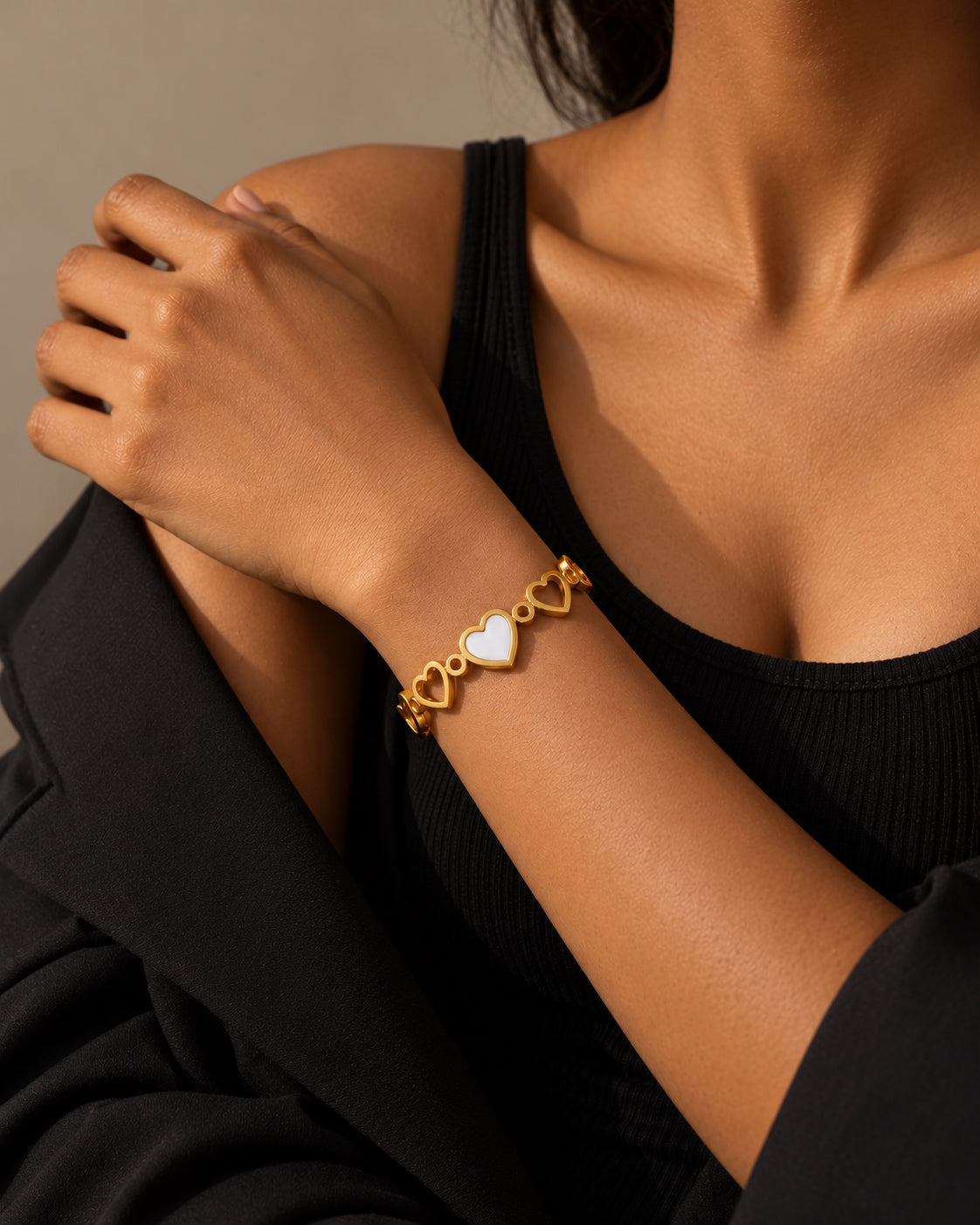 Pearl Heart Row Spring Cuff Bracelet