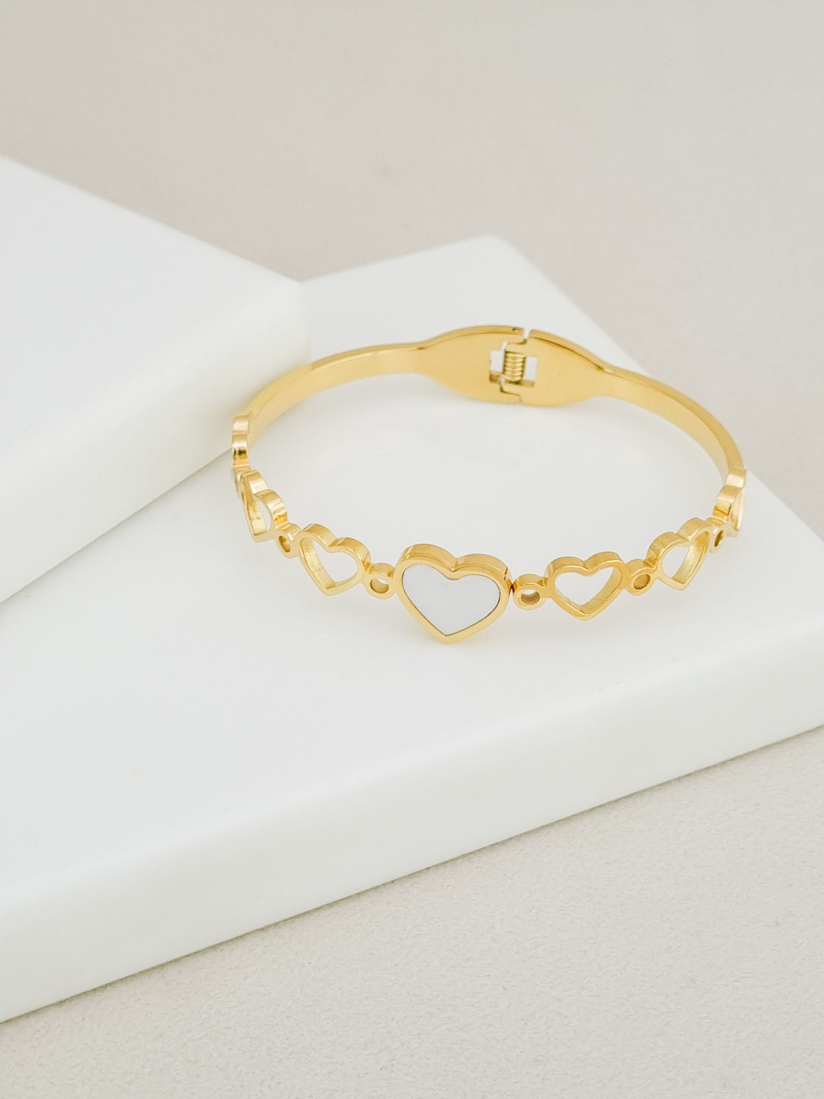 Pearl Heart Row Spring Cuff Bracelet