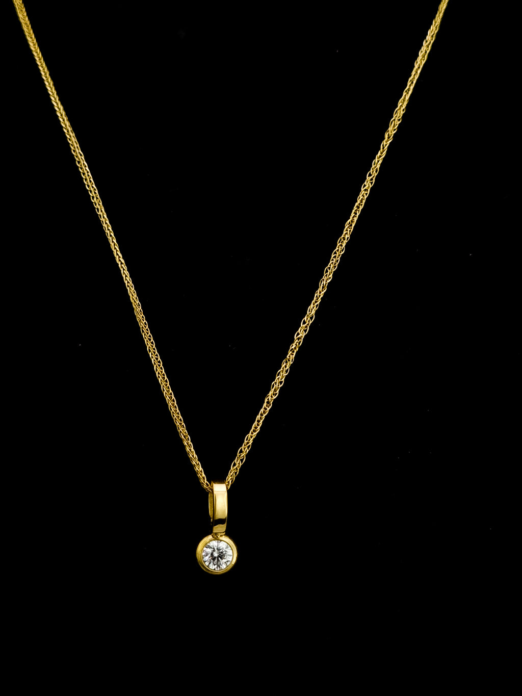 Round CZ Bezel Solitaire Wheat Chain Necklace