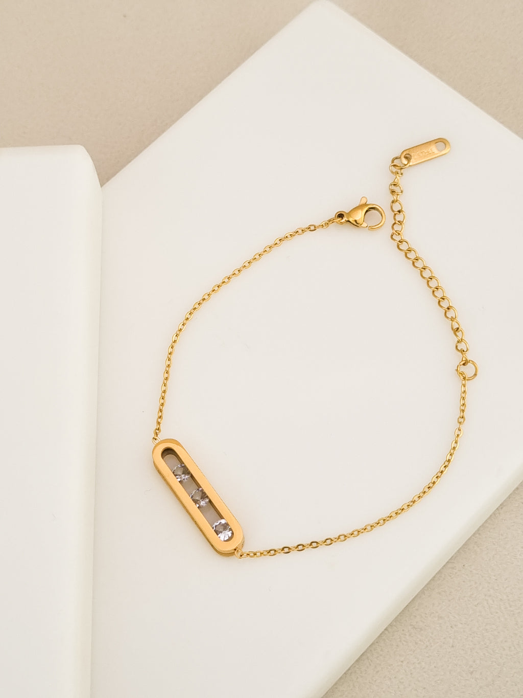 Sliding CZ Oblong Bar Chain Bracelet