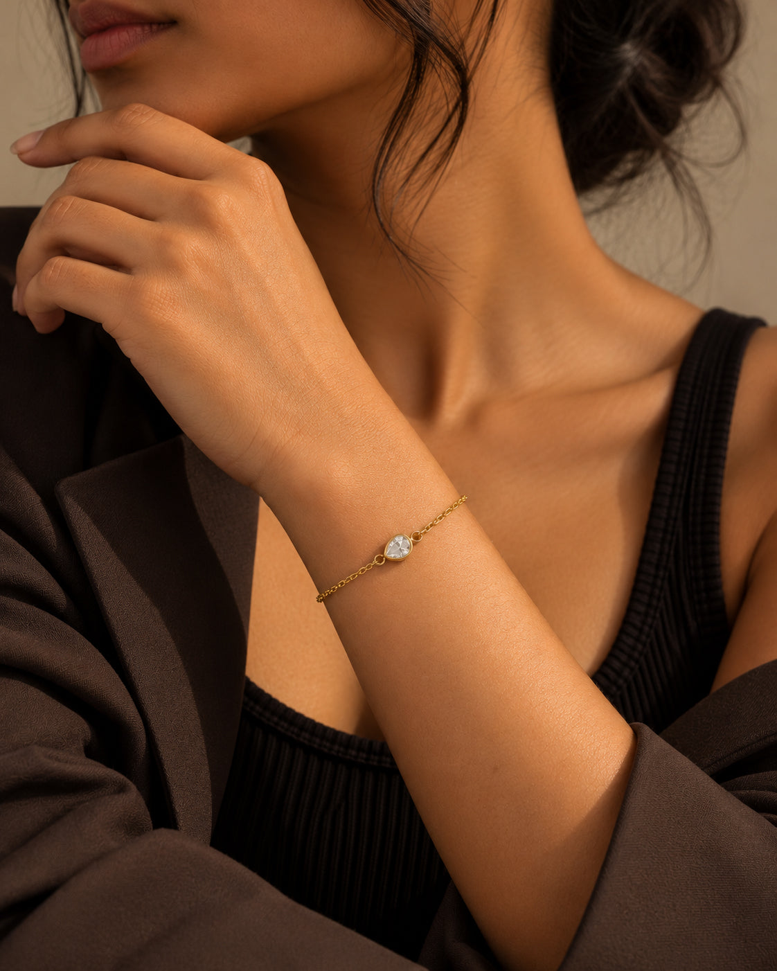 Pear CZ Bezel Solitaire Chain Bracelet