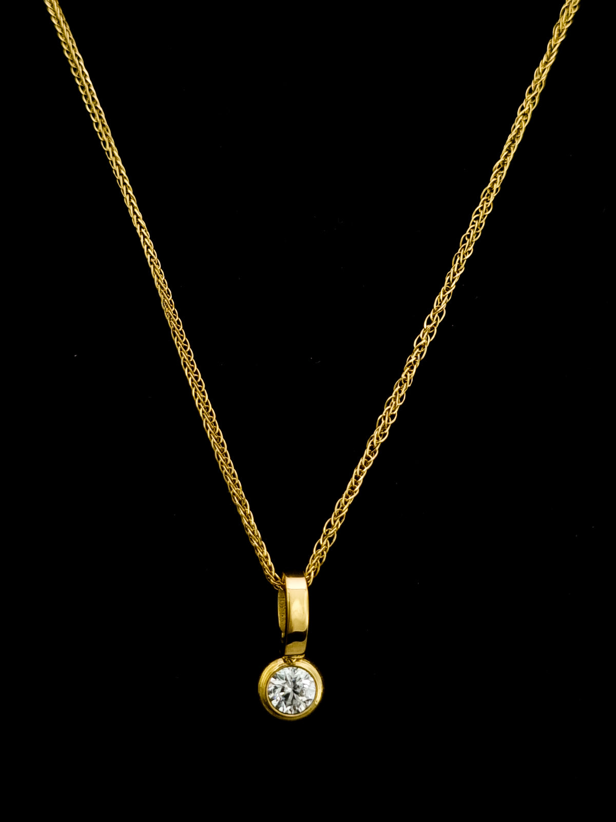 Round CZ Bezel Solitaire Wheat Chain Necklace