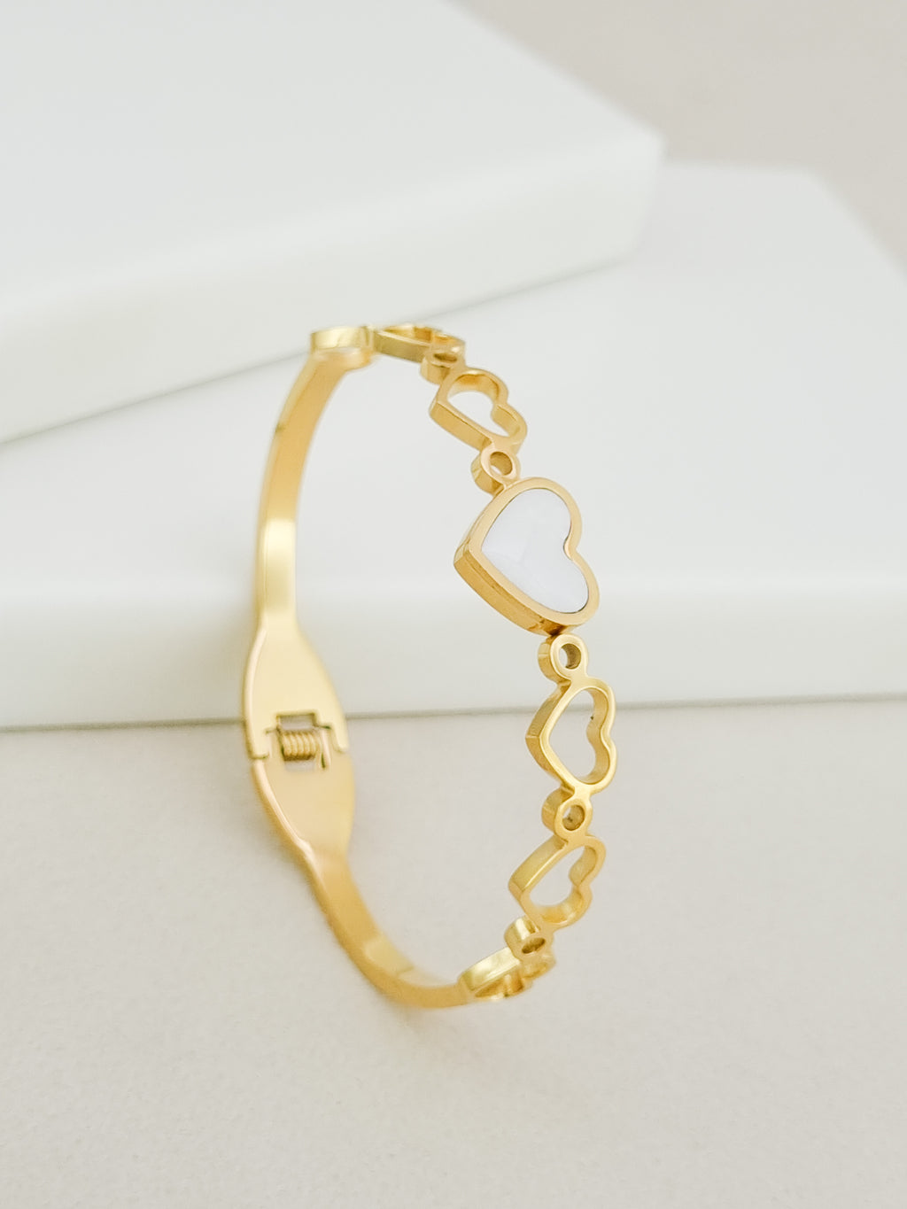 Pearl Heart Row Spring Cuff Bracelet