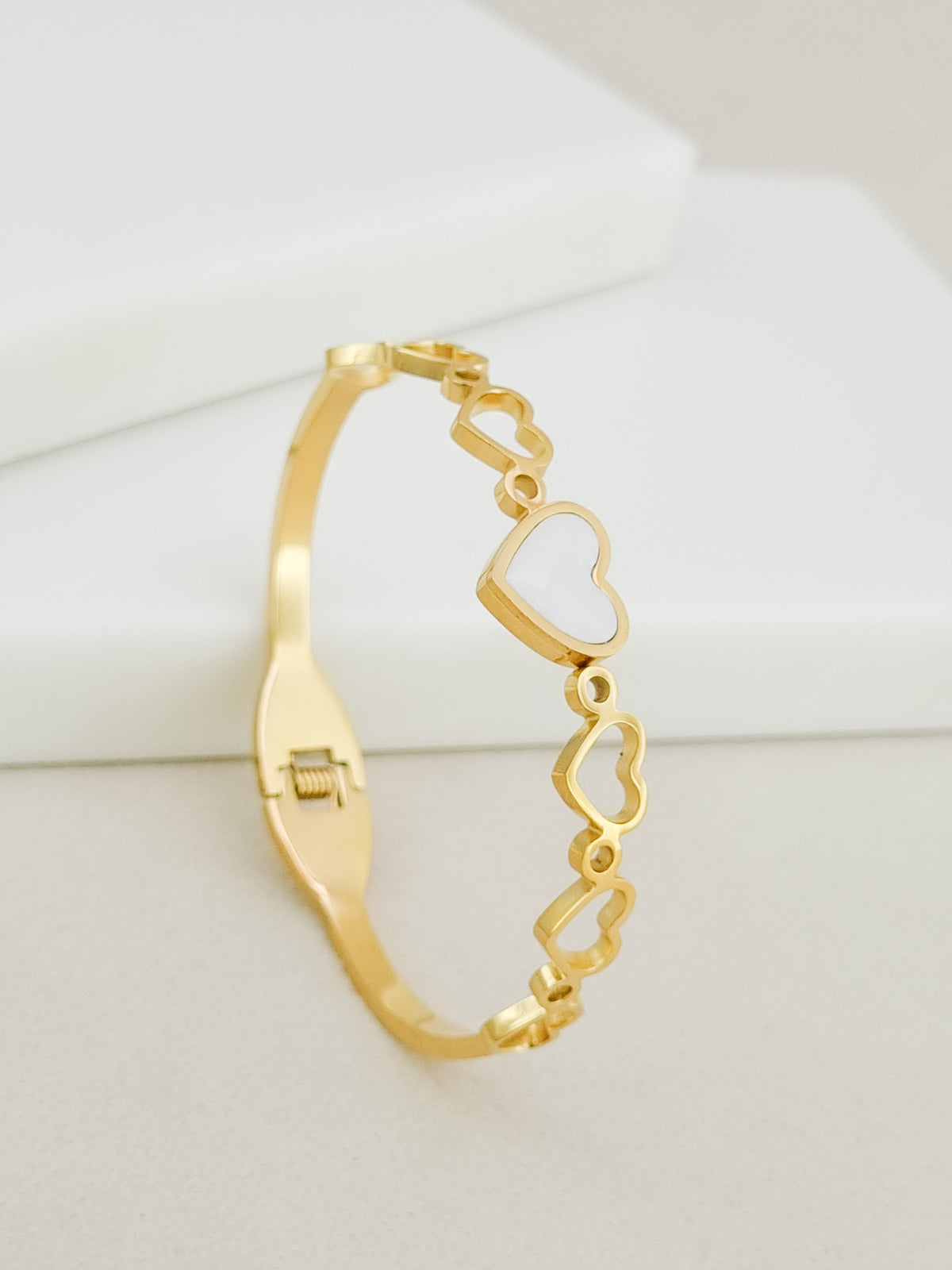 Pearl Heart Row Spring Cuff Bracelet