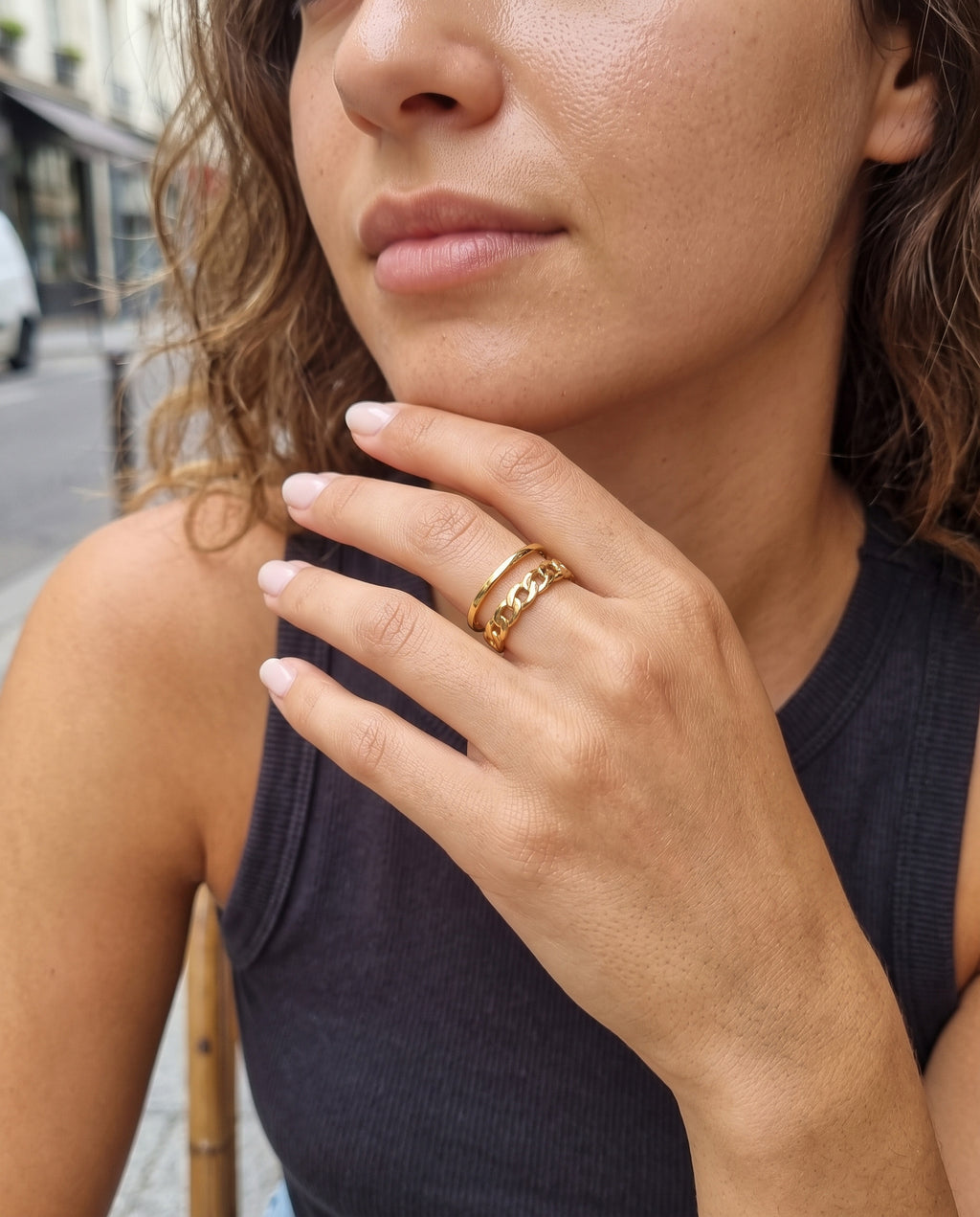 Double Band Curb Chain Cuff Ring