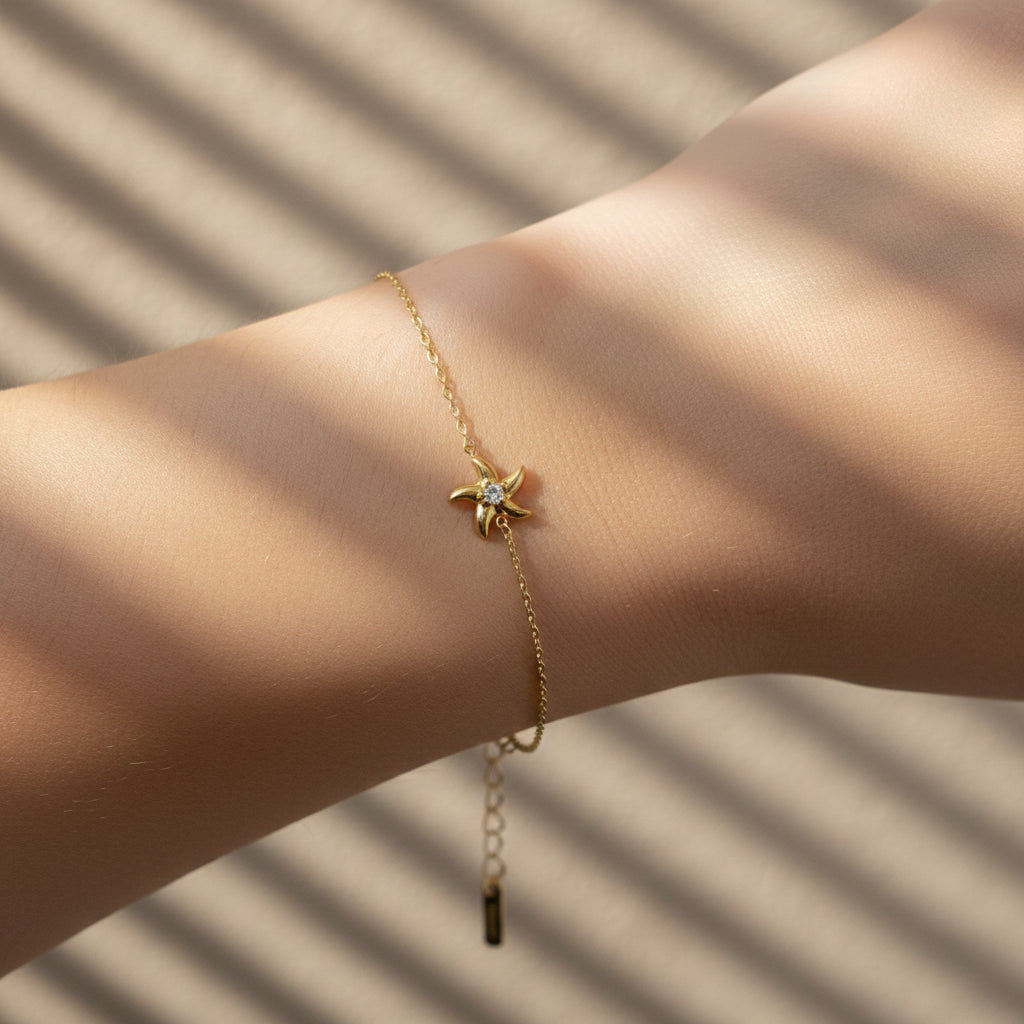 Coastal Starfish bracelet, 18K gold plated waterproof jewelry, anti-tarnish ocean bracelet, Treshire Ocean Collection, dainty starfish jewelry.