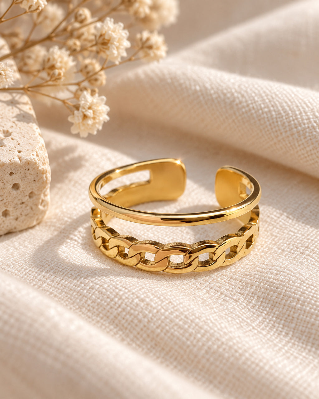 Double Band Curb Chain Cuff Ring