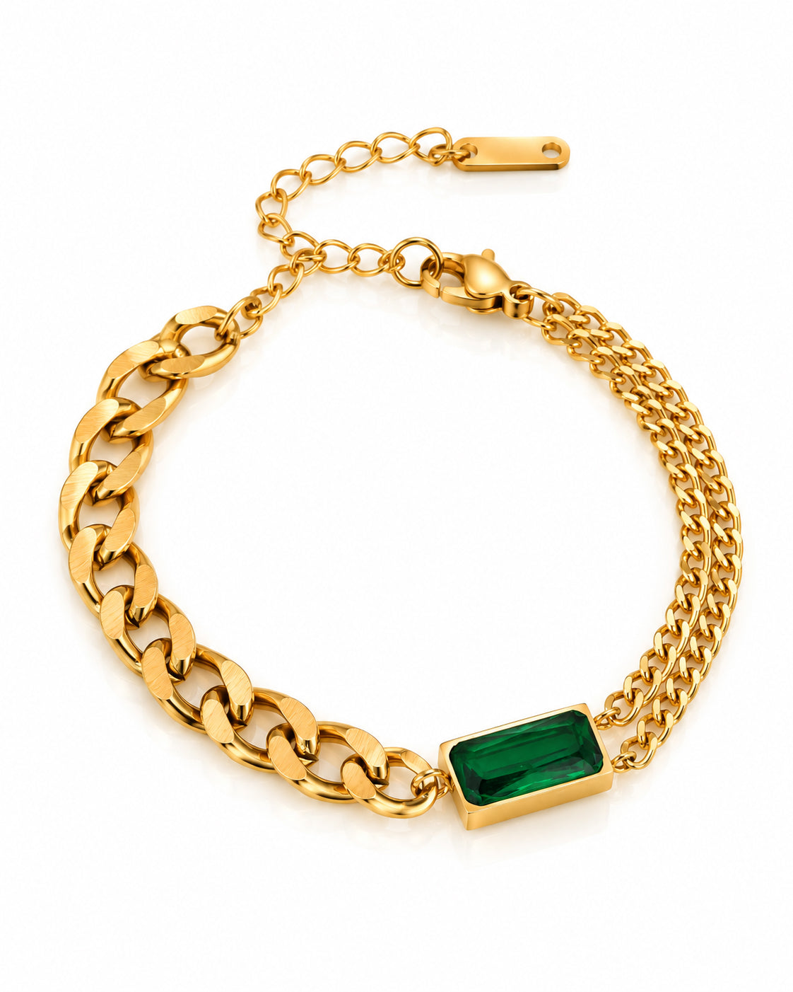 Emerald CZ Curb and Rope Chain Bracelet