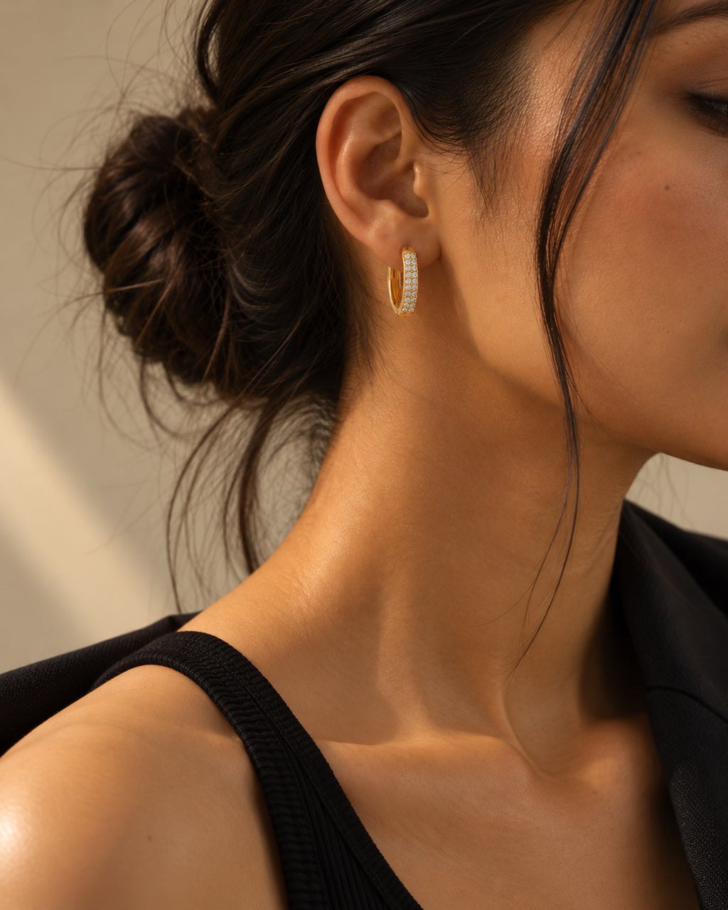 Double Row Pave CZ Huggie Hoop Earrings