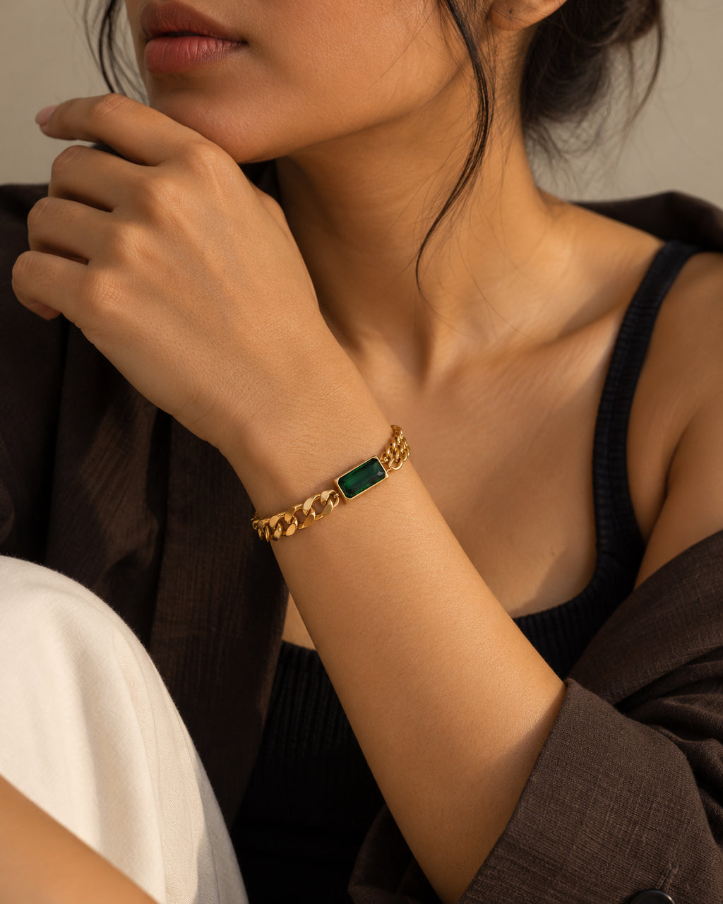 Emerald CZ Curb and Rope Chain Bracelet