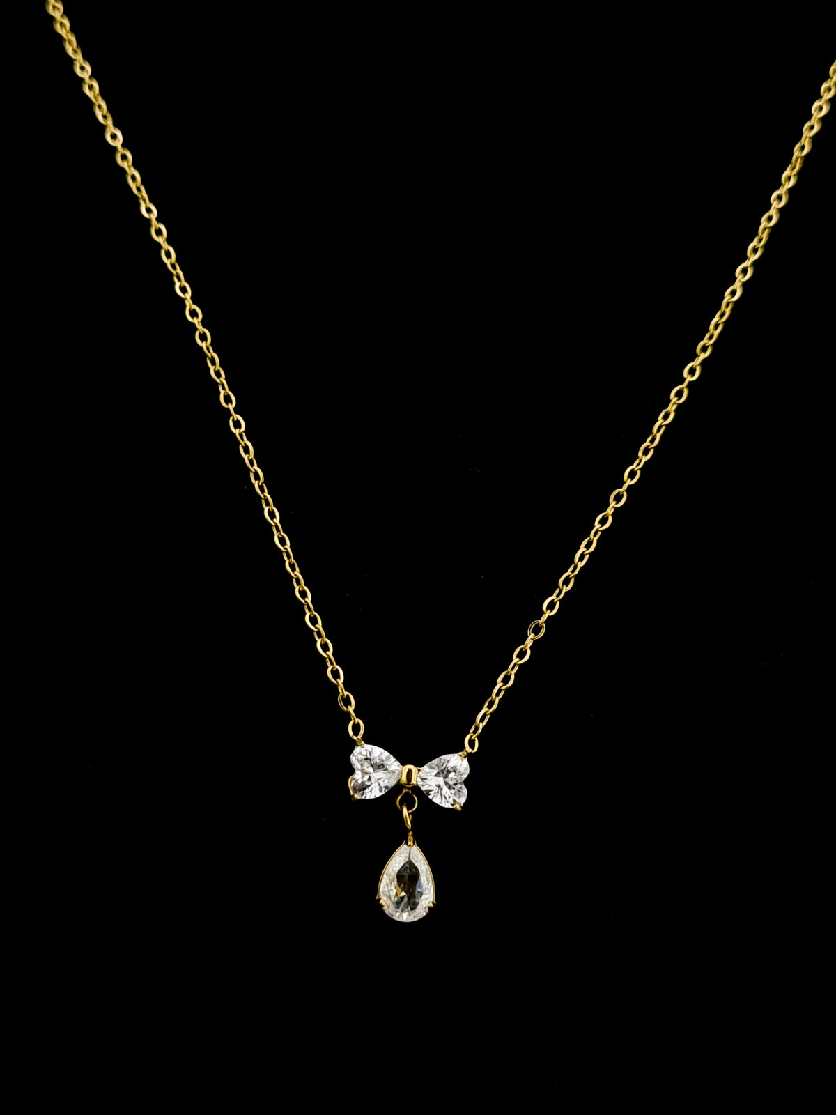 CZ Bow and Pear Drop Pendant Necklace