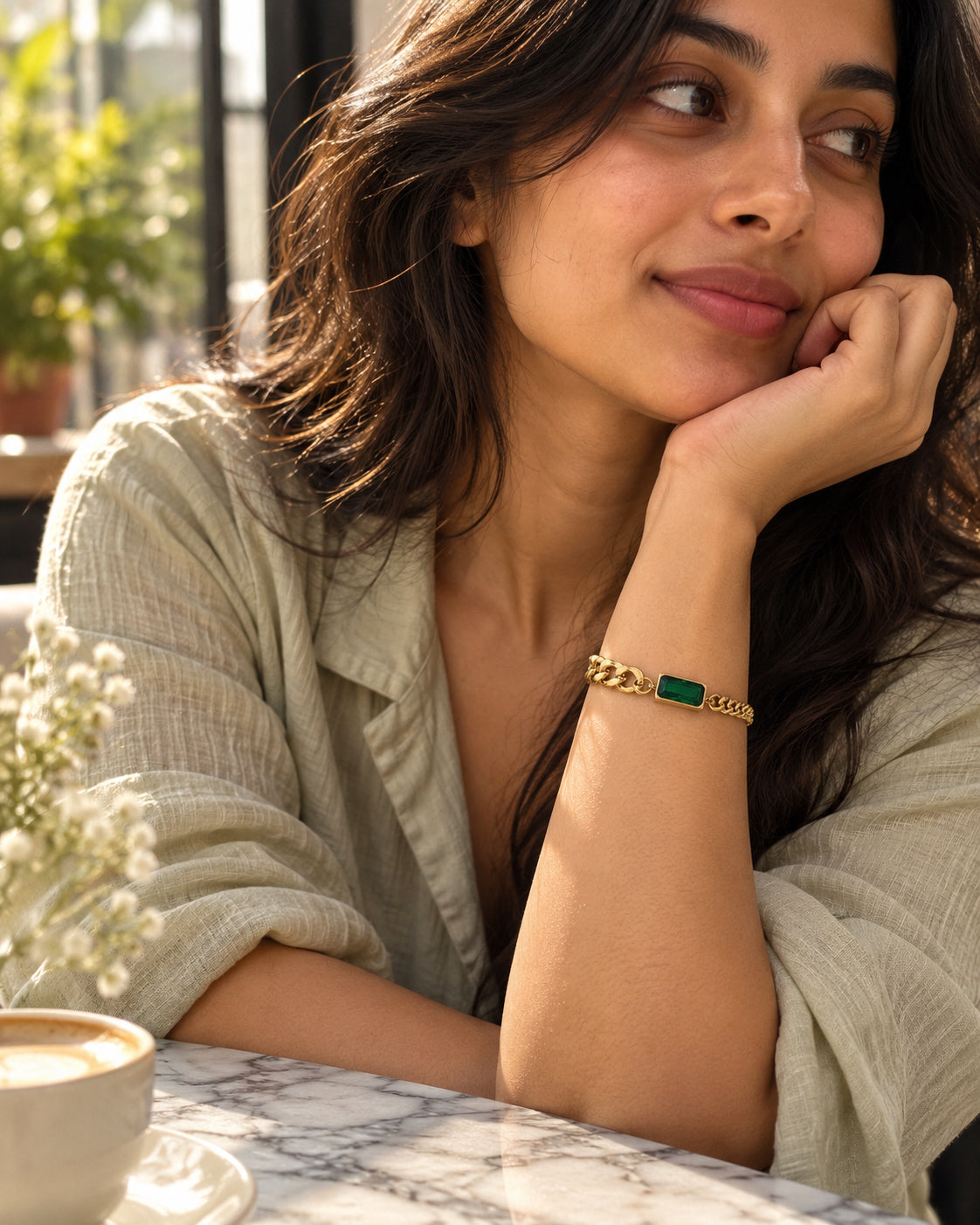 Emerald CZ Curb and Rope Chain Bracelet