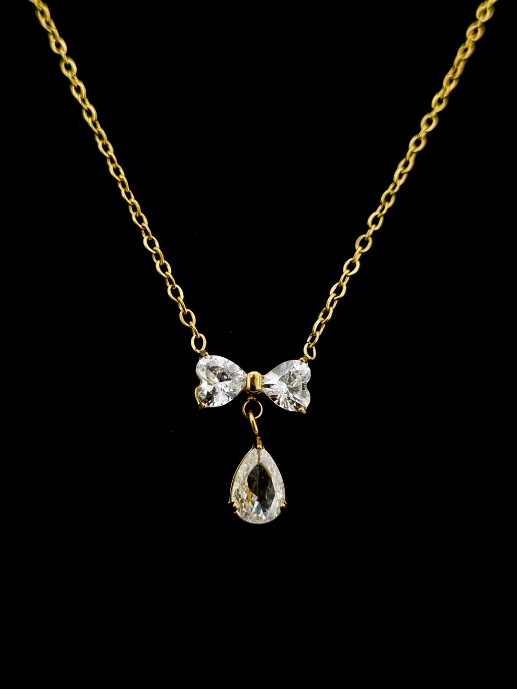 CZ Bow and Pear Drop Pendant Necklace