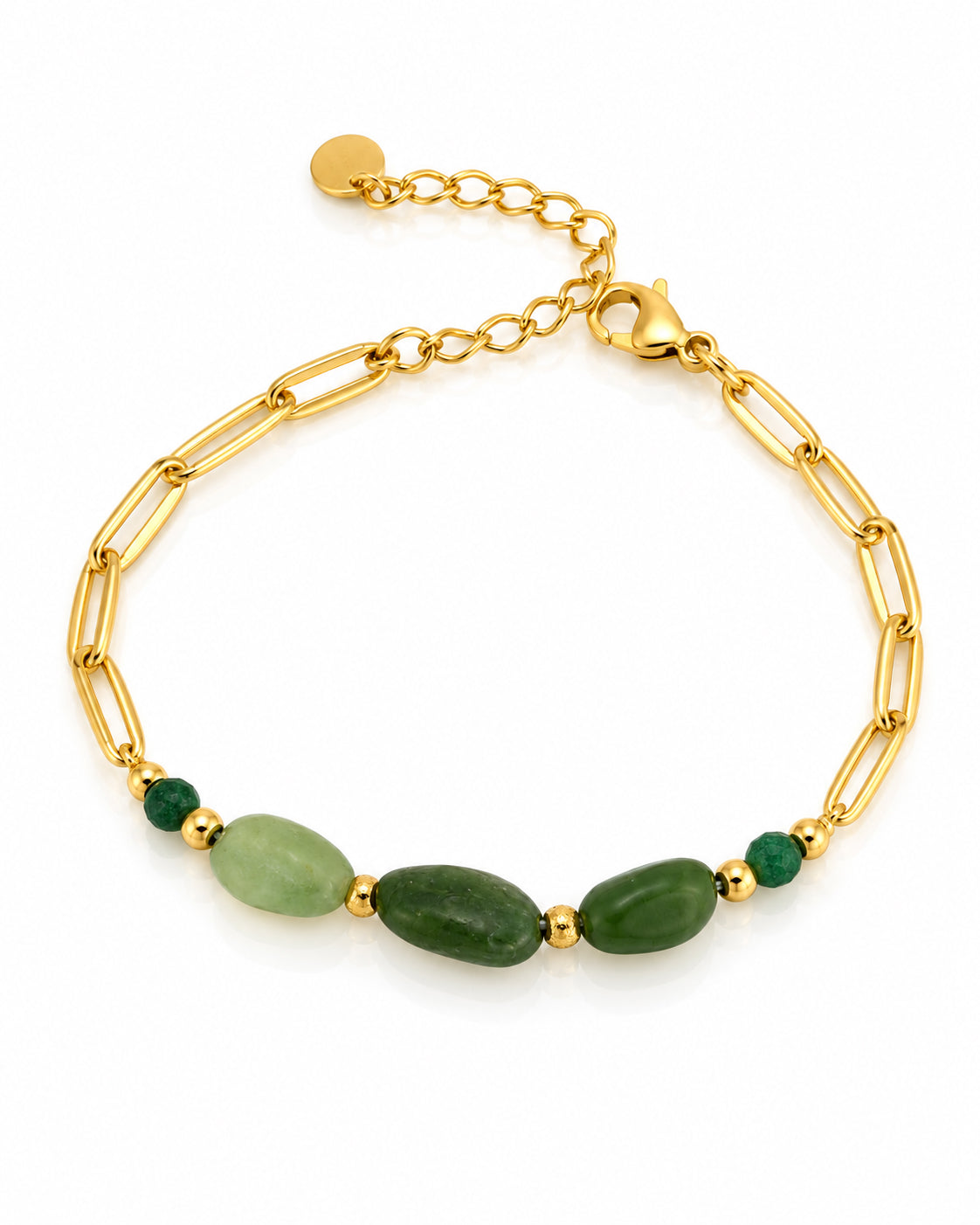 Green Stone Paperclip Station Chain Bracelet