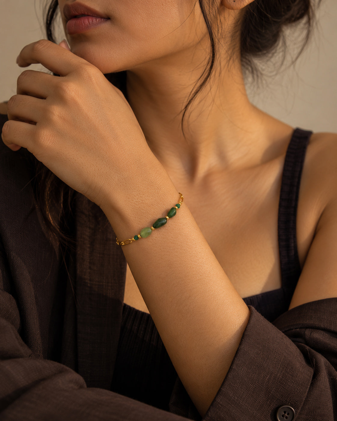 Green Stone Paperclip Station Chain Bracelet