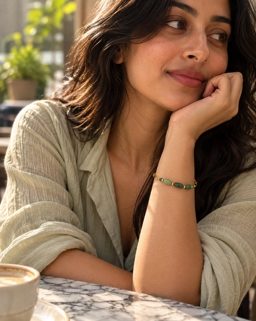 Green Stone Paperclip Station Chain Bracelet