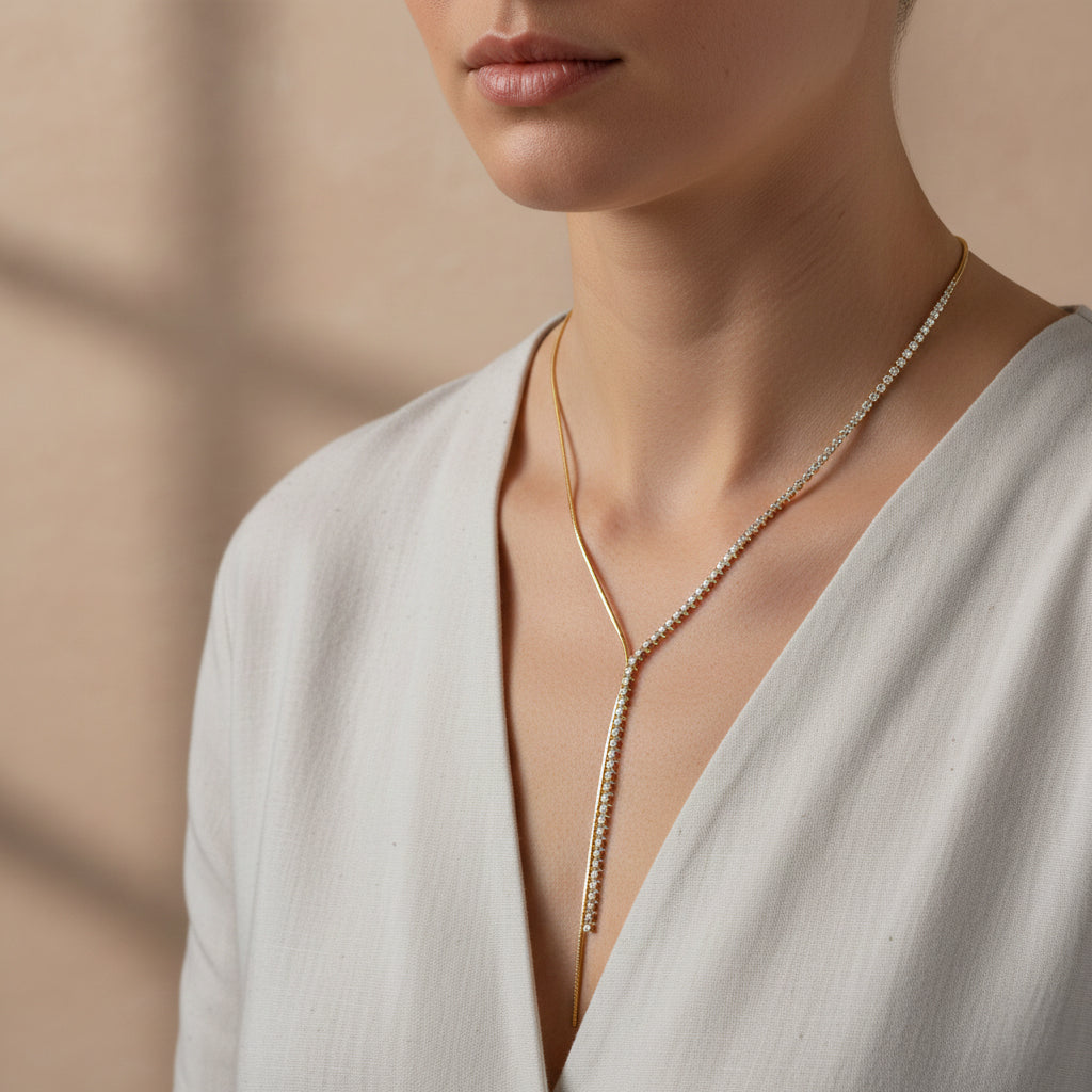 A woman wearing a brilliant 18K gold-plated tennis lariat necklace encrusted with shimmering crystals, styled with a minimalist white V-neck top.