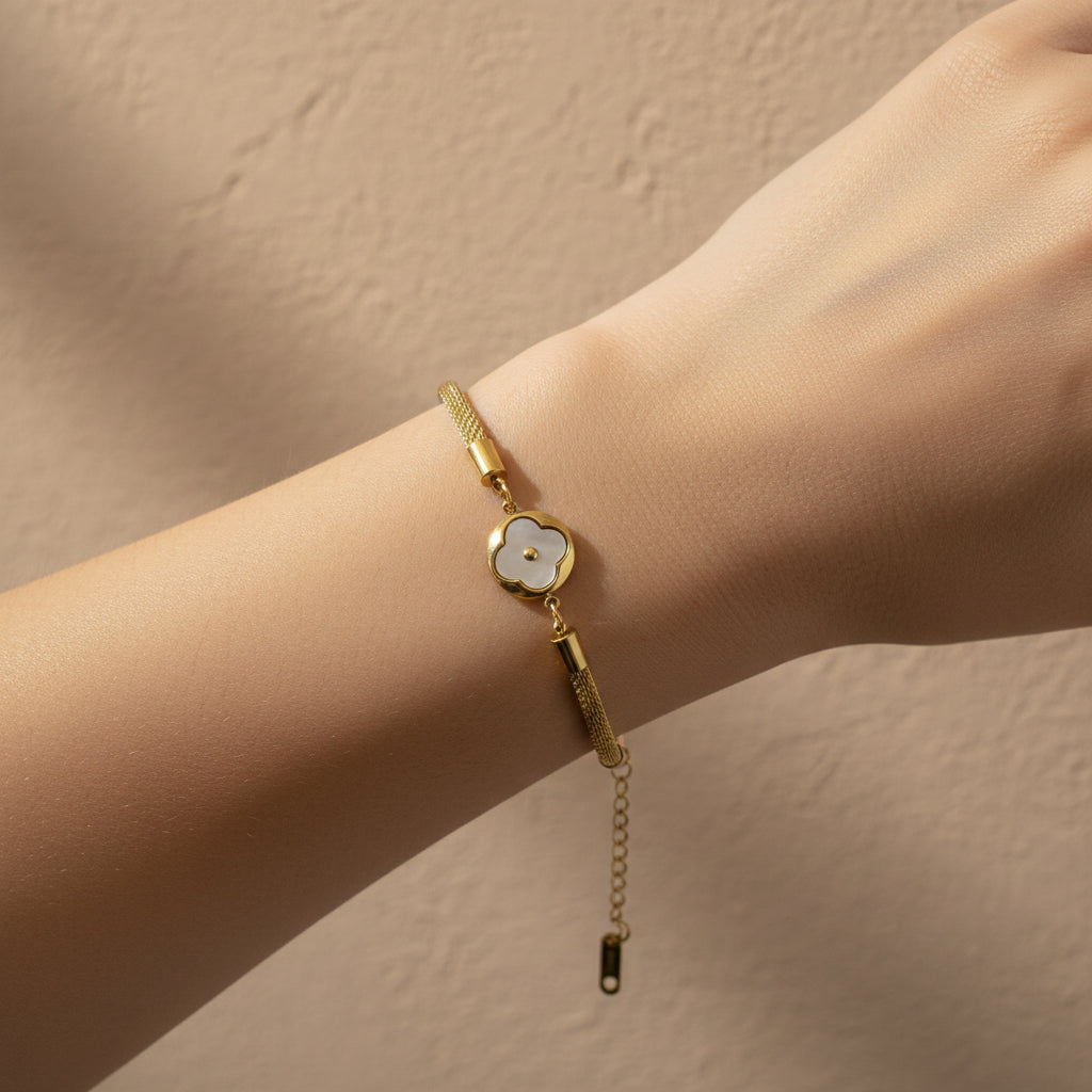 Mother of Pearl clover bracelet, waterproof gold mesh jewelry, 18K gold plated floral bracelet, anti-tarnish jewelry, Treshire Serene Bloom.