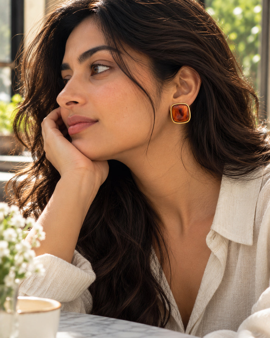 Cognac Resin Cushion Statement Stud Earrings