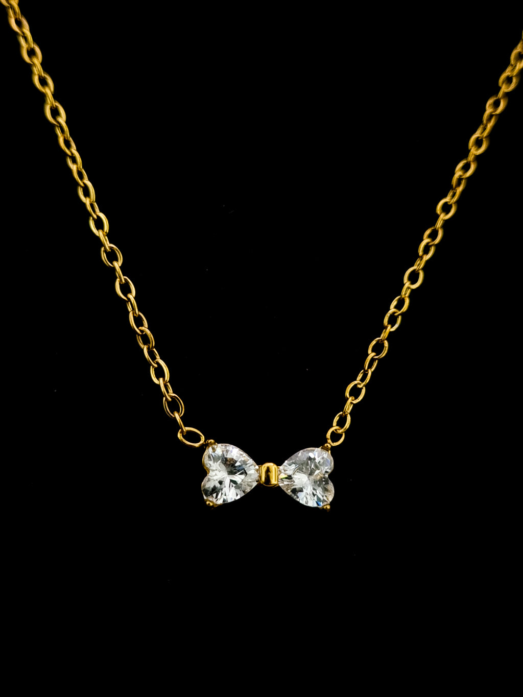 Twin CZ Heart Bow Pendant Necklace