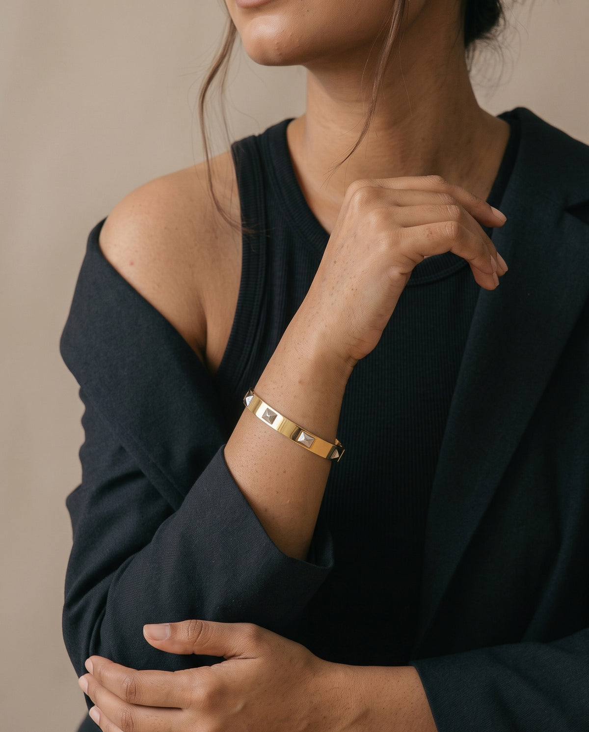 Pyramid Stud Side Lock Cuff Bracelet