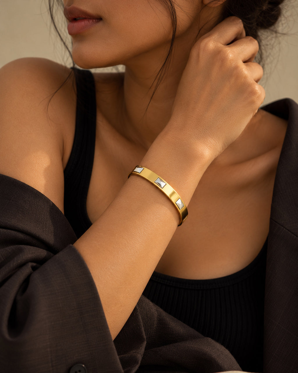 Pyramid Stud Side Lock Cuff Bracelet