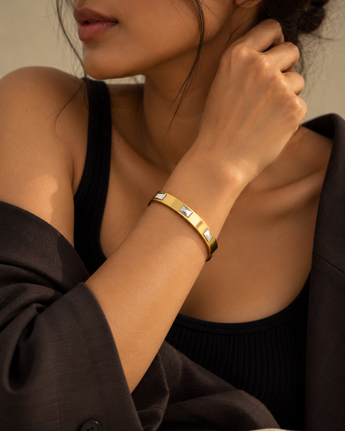Pyramid Stud Side Lock Cuff Bracelet