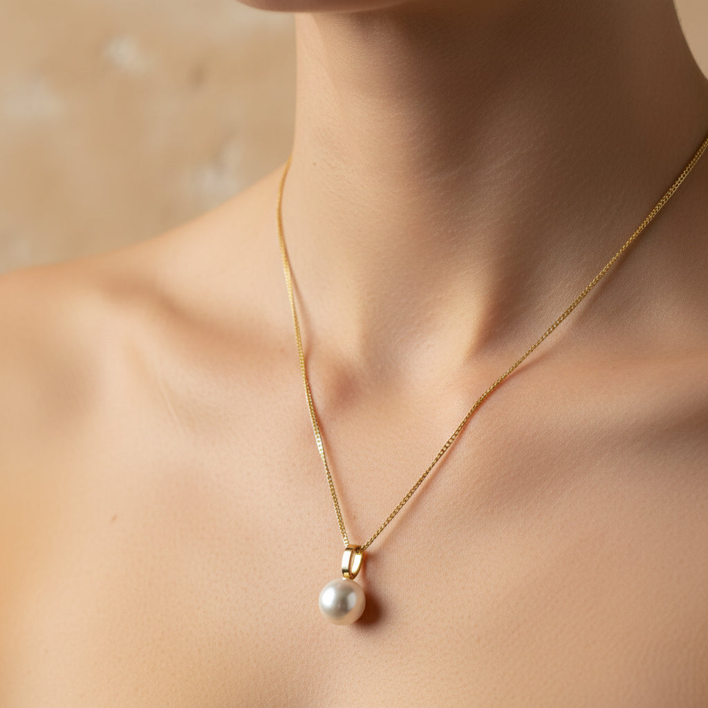 A woman wearing a delicate 18K gold-plated necklace featuring a single, high-luster round pearl pendant on a minimalist background.