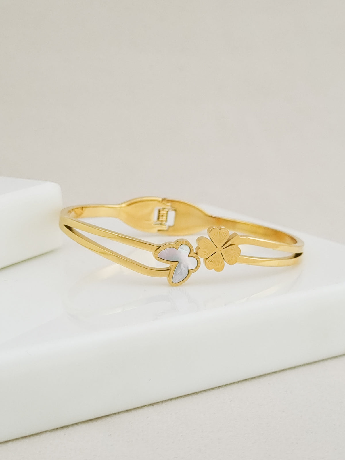 Butterfly Clover Duo Spring Cuff Bracelet