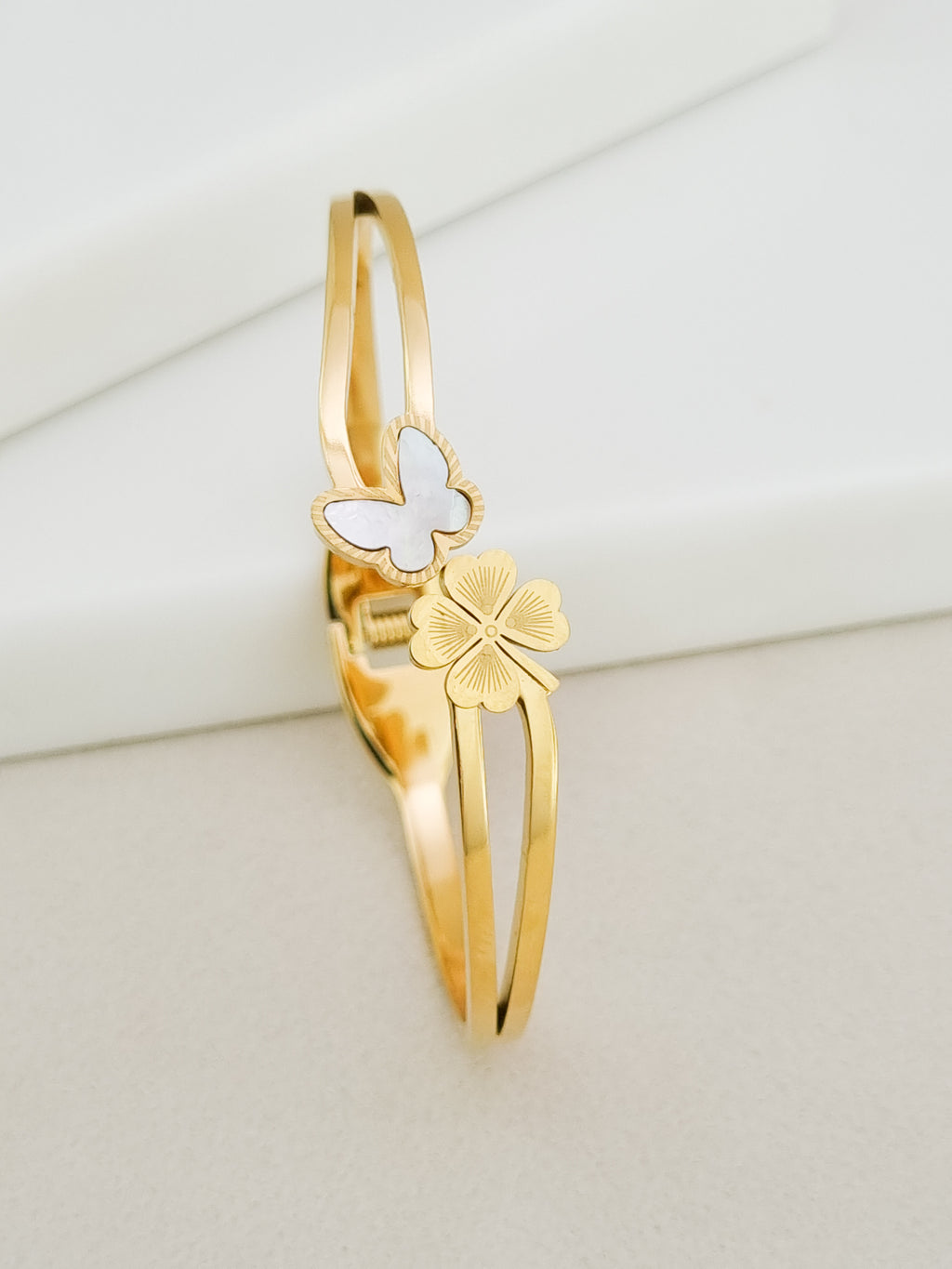 Butterfly Clover Duo Spring Cuff Bracelet