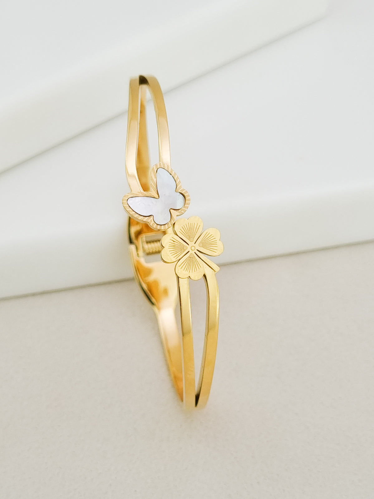 Butterfly Clover Duo Spring Cuff Bracelet