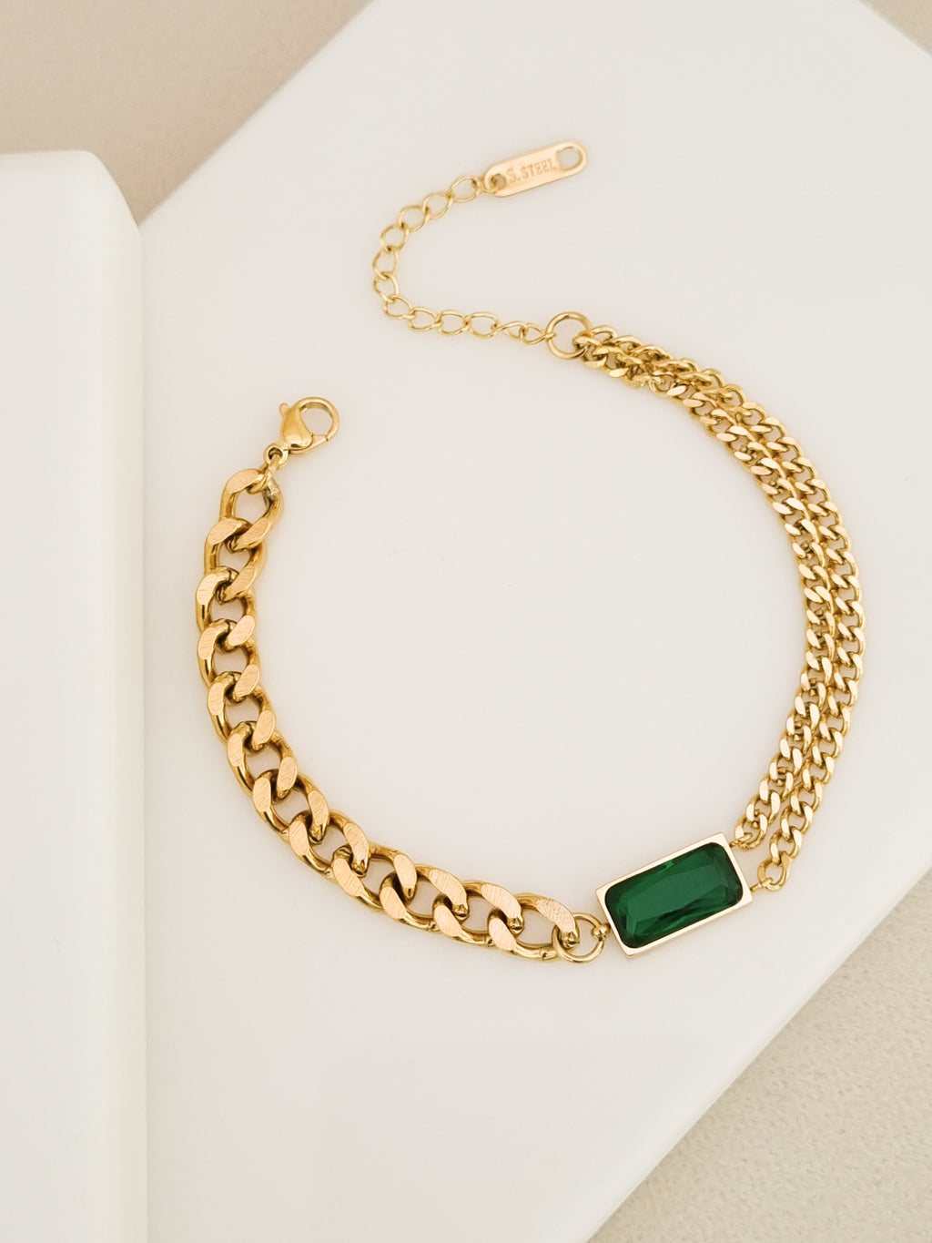 Emerald CZ Curb and Rope Chain Bracelet