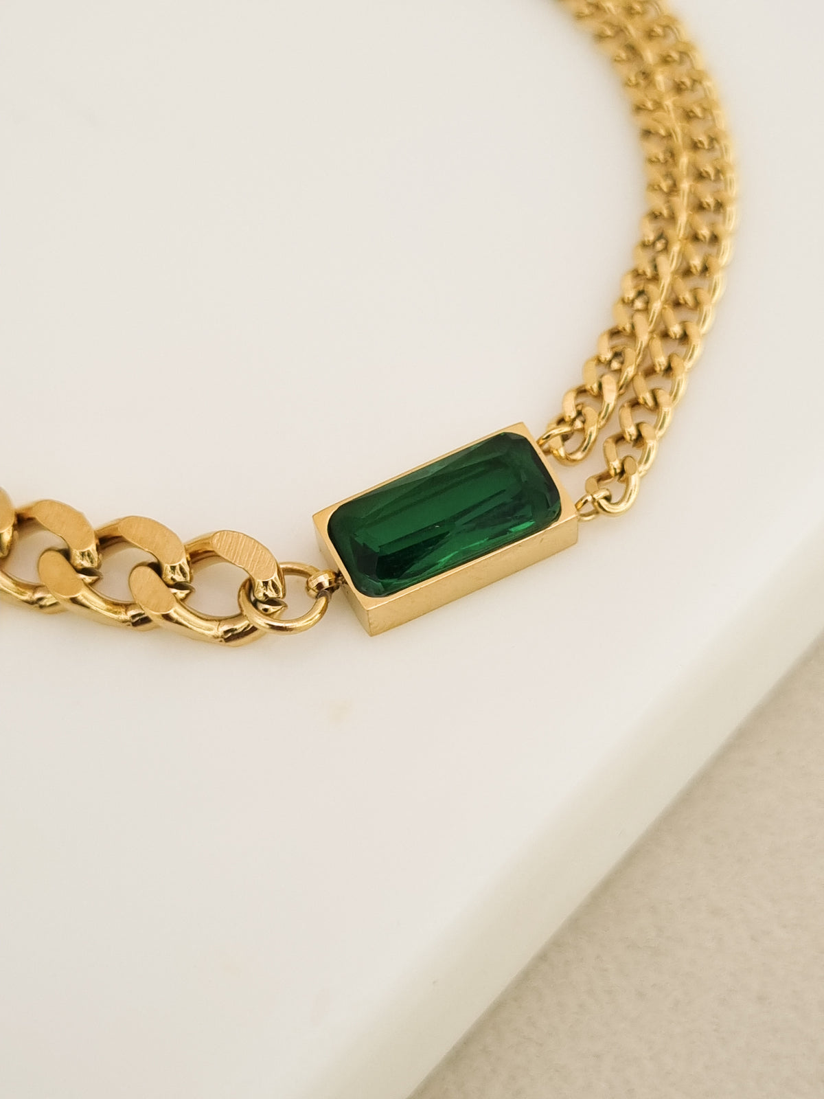 Emerald CZ Curb and Rope Chain Bracelet