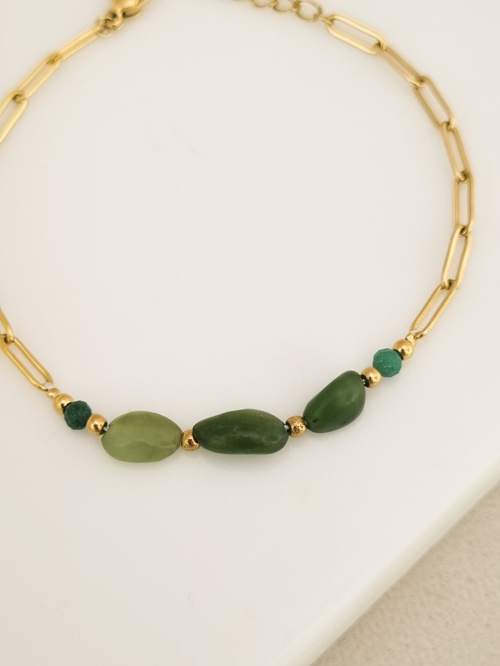 Green Stone Paperclip Station Chain Bracelet