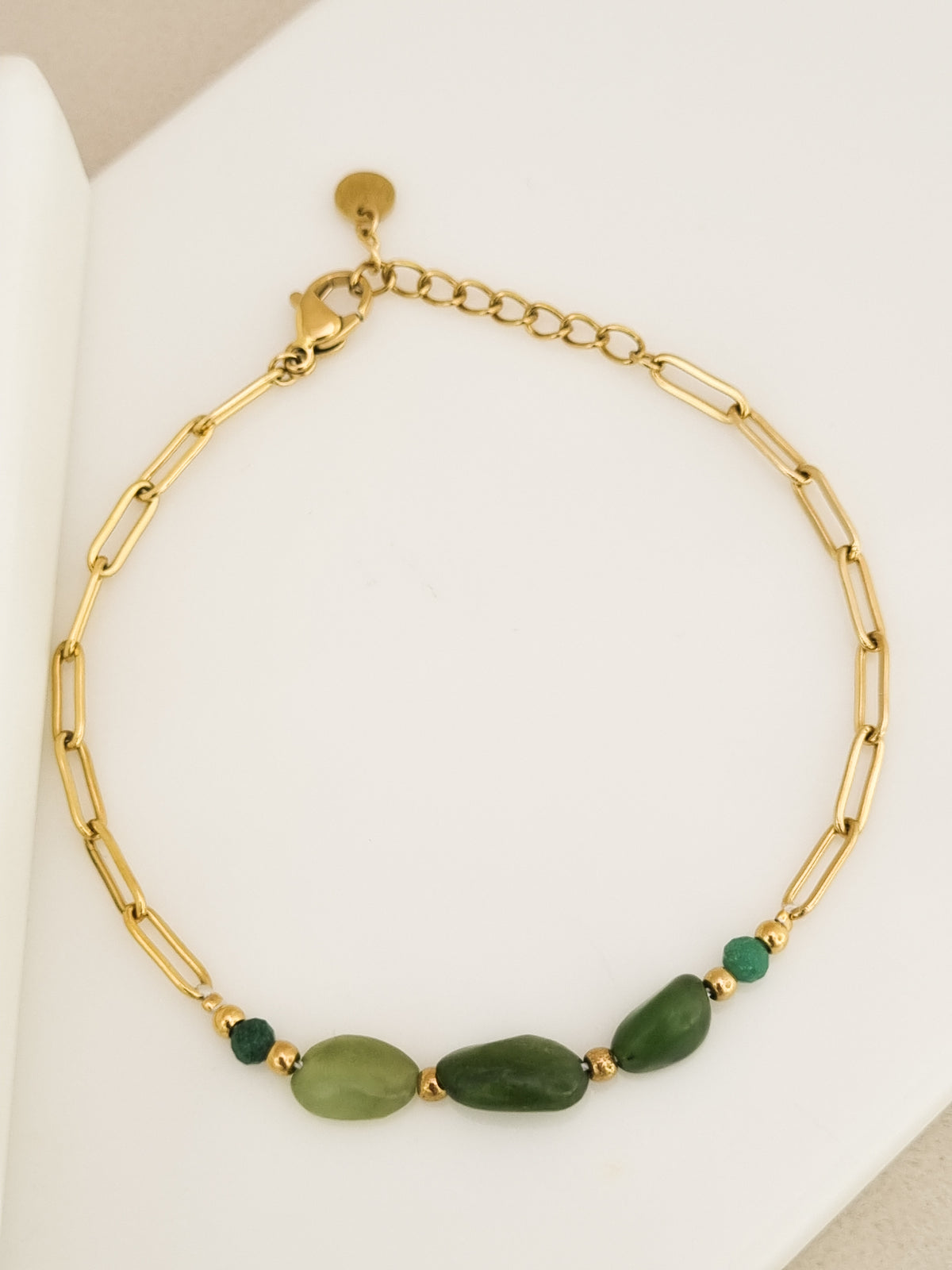 Green Stone Paperclip Station Chain Bracelet