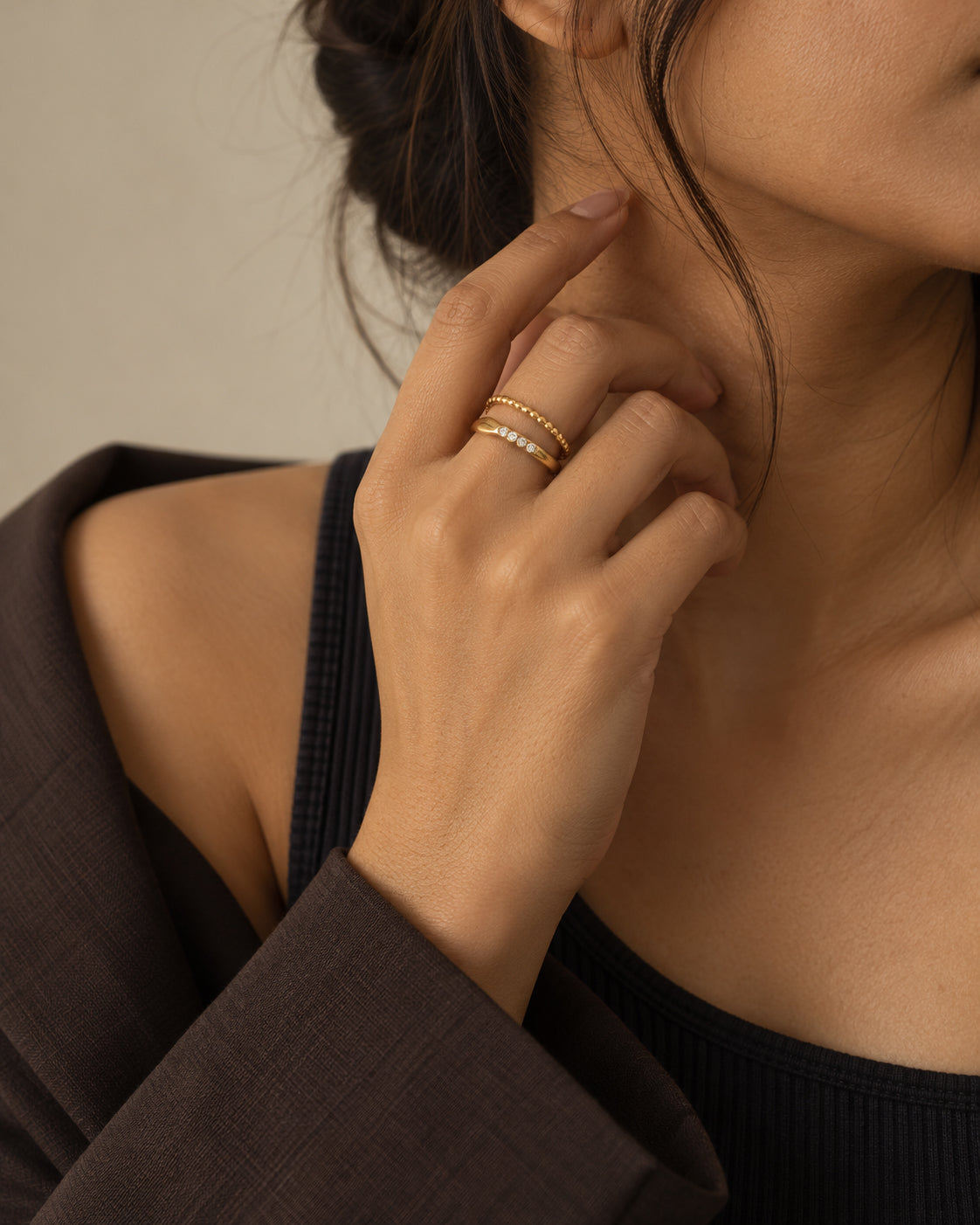Trio CZ Beaded Double Band Ring