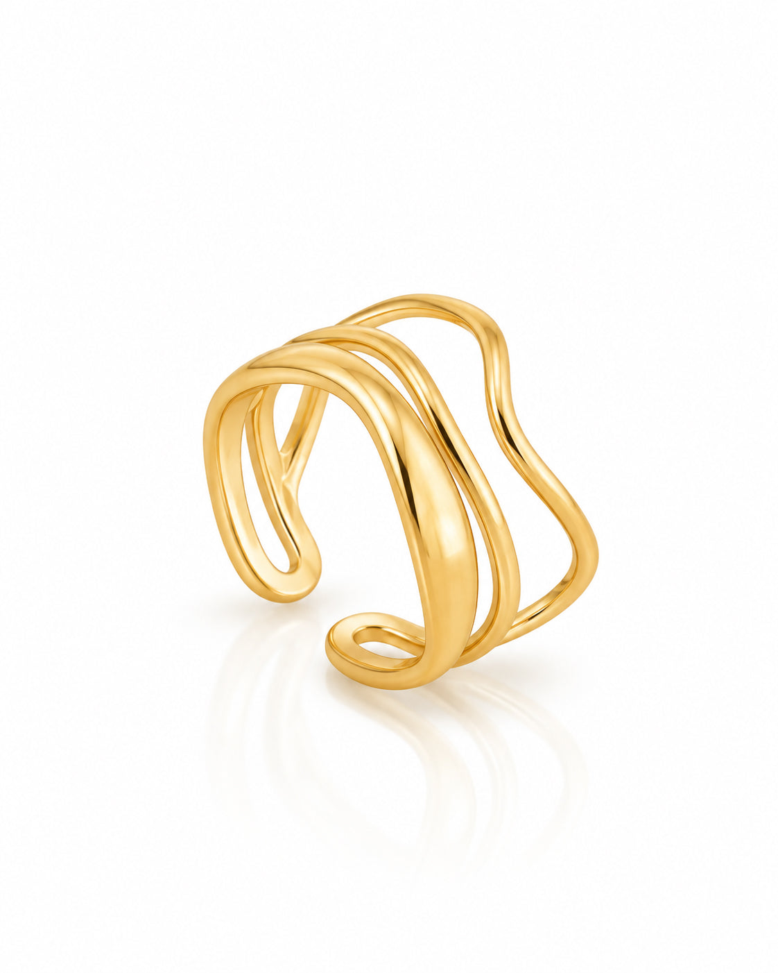 A polished yellow gold open wrap ring with a wavy, fluid design, displayed on a clean white background with a soft reflection.