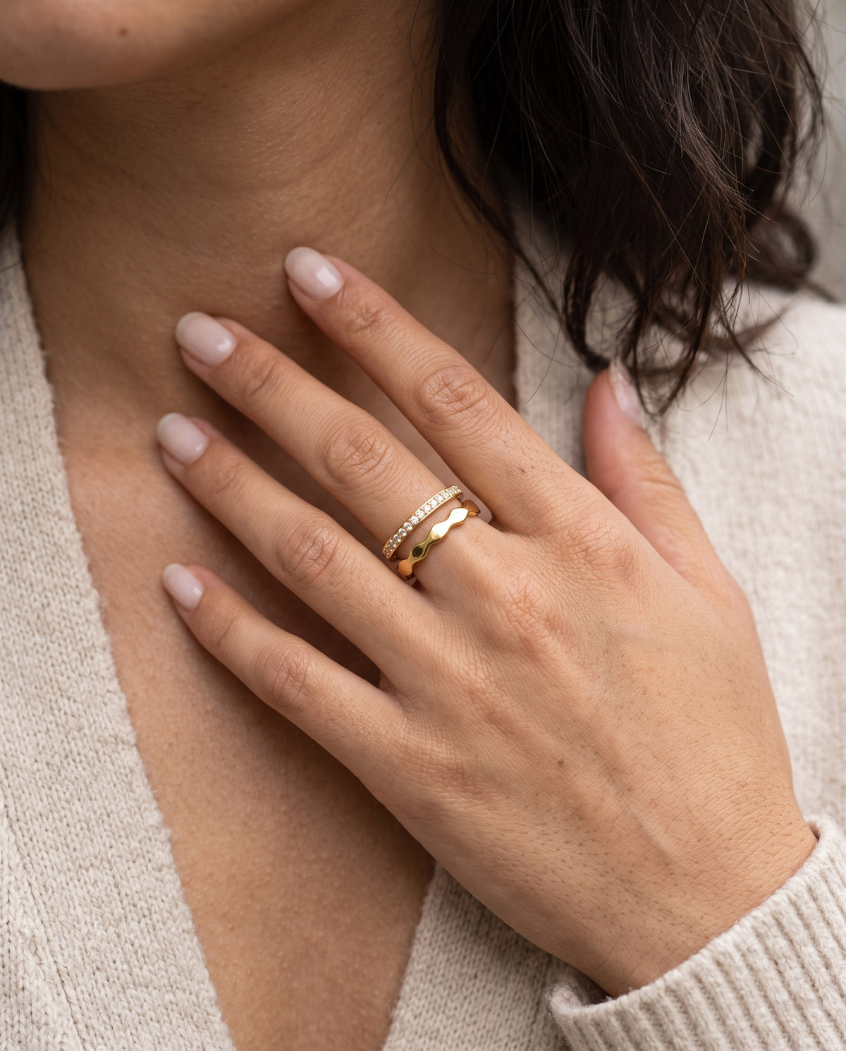 Double Band Wave & Pavé Open Ring