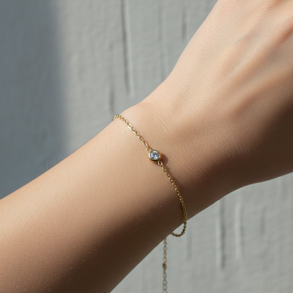 Waterproof solitaire bracelet, 18K gold plated bezel jewelry, anti-tarnish dainty bracelet, Treshire Everyday collection.