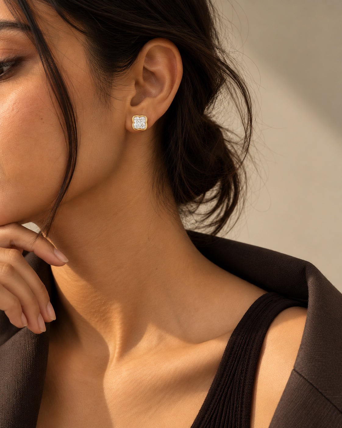 Clover CZ Bezel Stud Earrings
