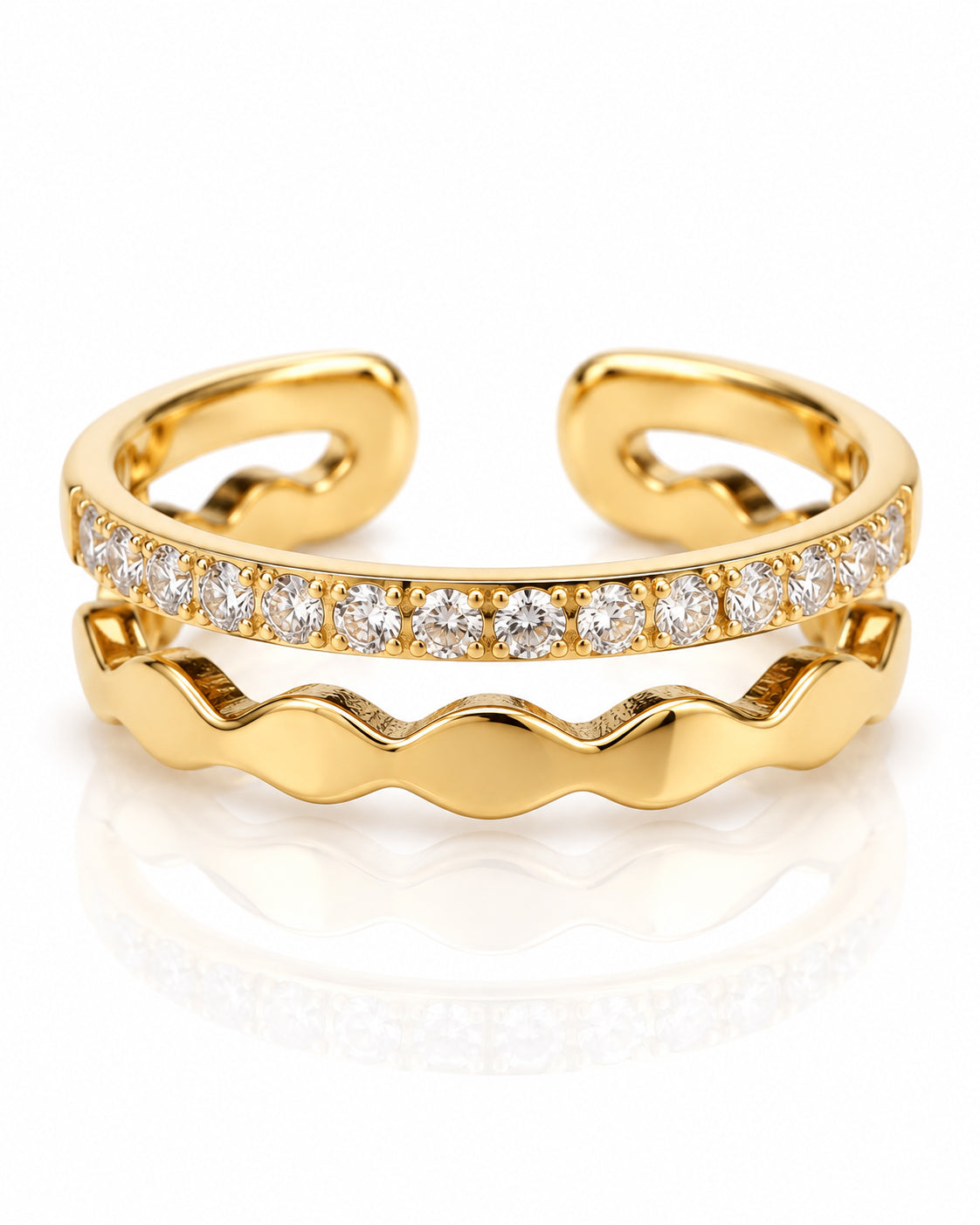 Double Band Wave & Pavé Open Ring