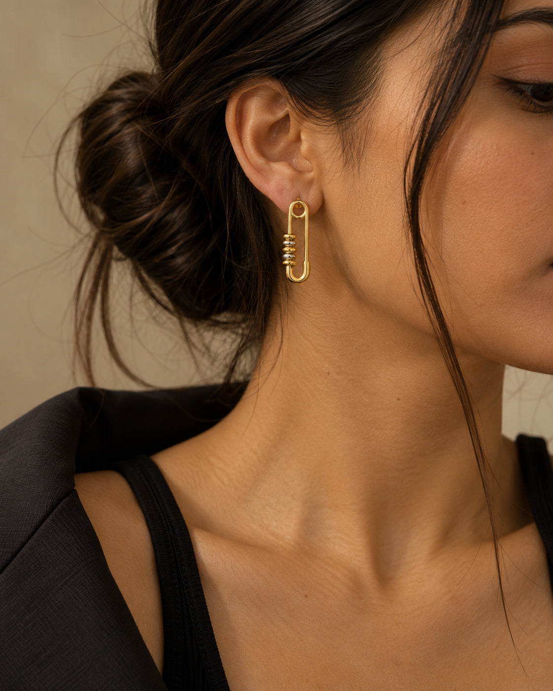 Safety Pin Two-Tone Drop Earrings